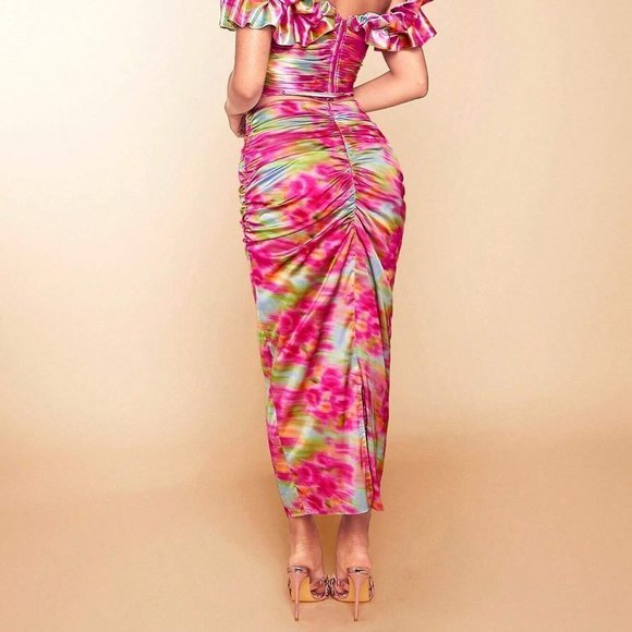 Barbie Colorful Tie Dye Print Ruched Bodycon Maxi Skirt - Picture 2 of 5